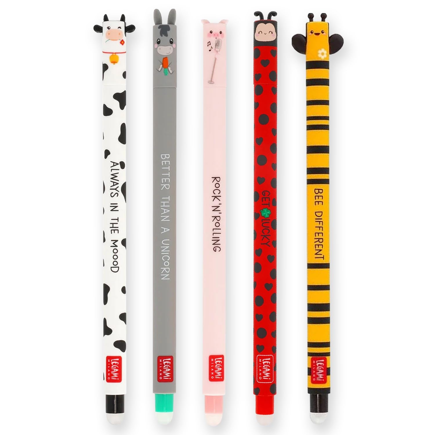 LEGAMI - Set of 5 Erasable Gel Pens with Thermosensitive Erase Ink, Range of ink colours & barrel designs, 0.7mm Tip, Lady Bug, Cow, Donkey, Pig & Bee