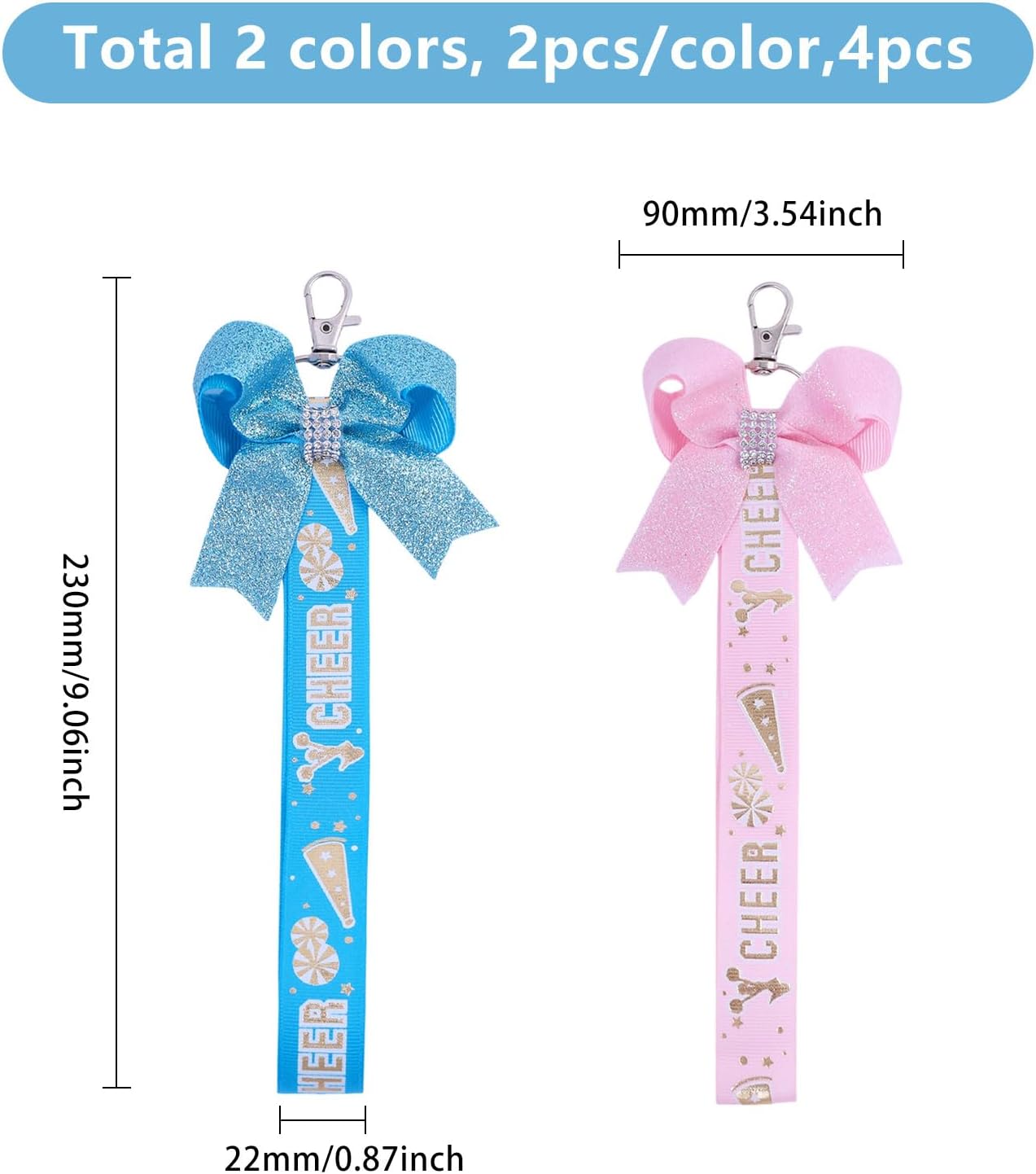 CHGCRAFT 4 Pcs Cheer Bow Keychain Pom Pom Holder Cheer Pin Holder With Glitter Bow Cheerleader Tags Cheerleader Bow Keychains for Backpack Decorations Mixed Color