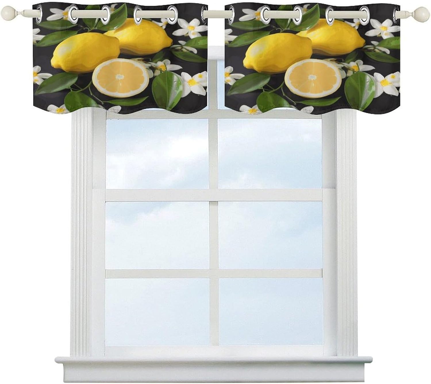 Lemon and Flower Curtain 2 Panels, Polyester Fiber, Blackout Insulated Window Curtain, Curtain Valance for Kitchen Dining Room Living Room Cafe Small Window 52 * 18.1 Inches