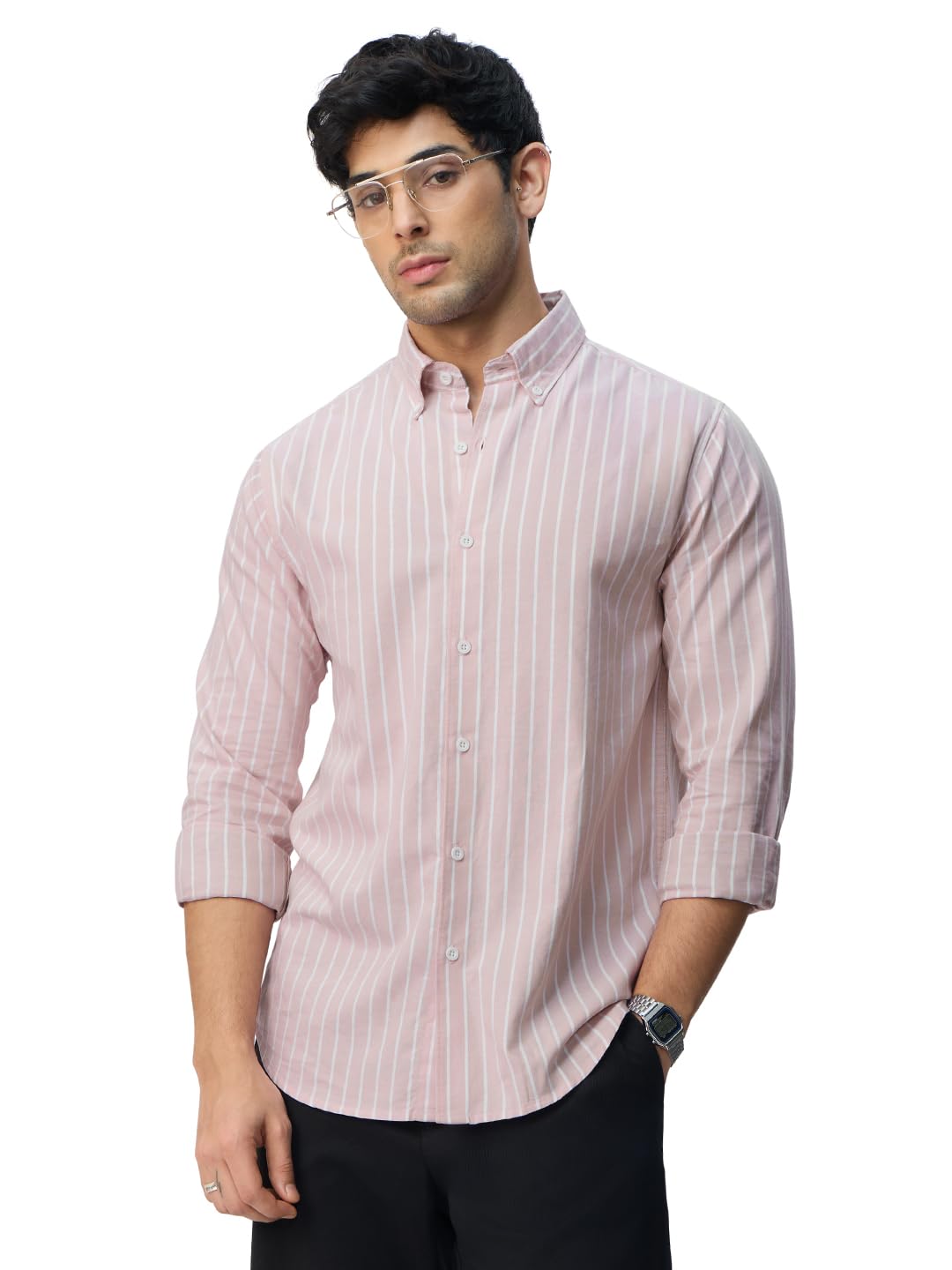 Slim-Fit Shirt: Lilac Stripes Men and Boys Long Sleeves Collared Neck Buttonfront Striped Regular Fit Lightweight All-Season Cotton Shirt-image-4