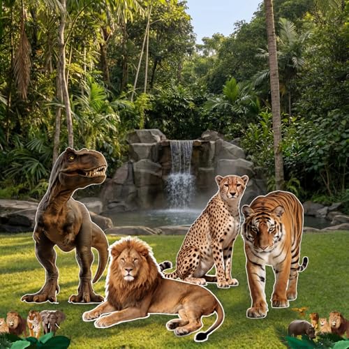 Image of Qunclay 4 Pack Jungle Animals Cardboard Cutout Safari Party Decoration Life Size Dinosaur Lion Tiger Leopard Photo Booth Prop Stand up Display Party Decor for Zoo Wildlife Birthday