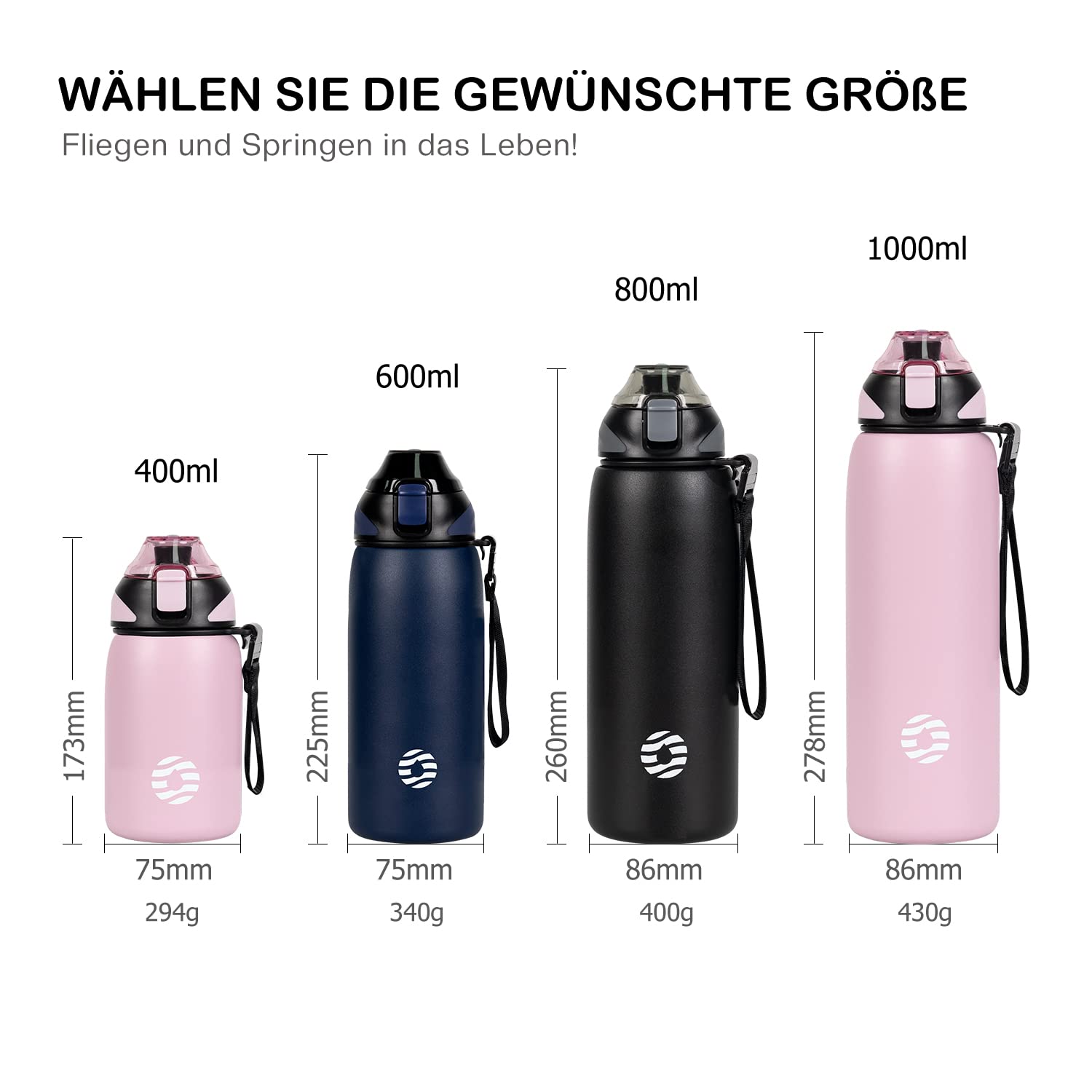 Fjbottle Borraccia Termica acciaio inox 1L, 800ml, 600ml, 400ml Bottiglia Termica per bambini Senza Perdite - Senza BPA Borracce palestra per Scuola, Sport, Yoga, Palestra