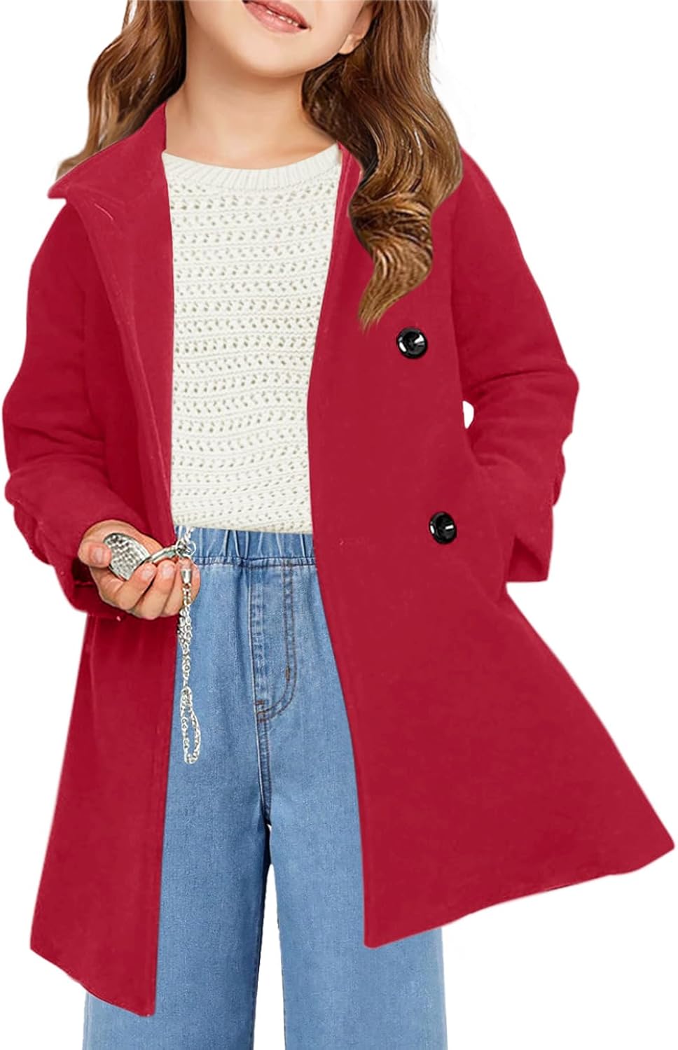 Haloumoning Girls Double Breasted Pea Coat Kids Long Sleeve Notched Lapel Winter Dress Coat With Pockets 5-14 Years