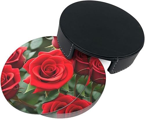 Miniatura 4 de Red Rose Flowers Leather Coasters for Drinks Set of 6 for Tabletop Protection, Elegant Home Decor & Housewarming Gift