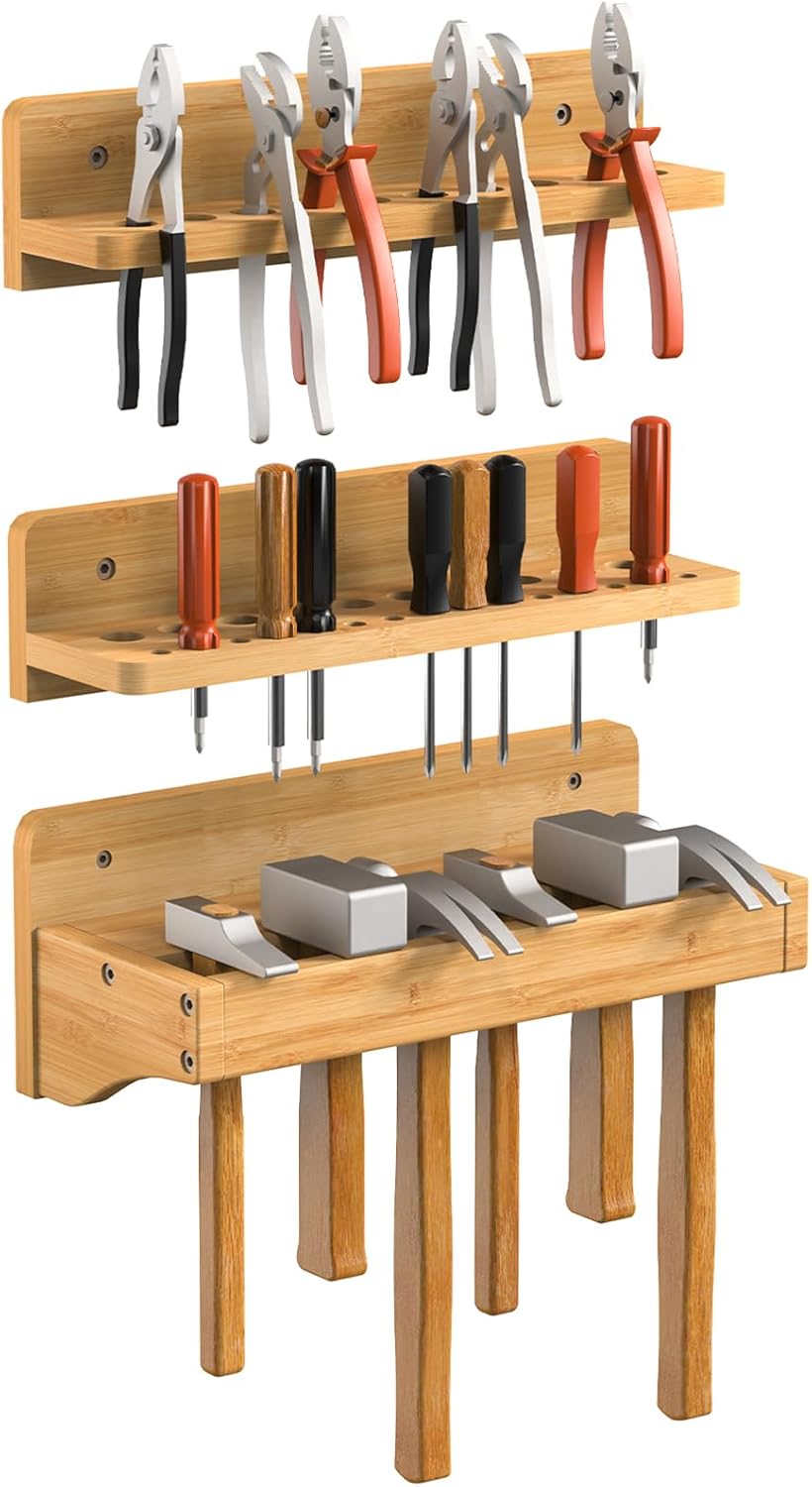 Wall Mounted Screwdriver Organizer, Hammer Rack and Pliers Holder, Set of 3 Wall Hanging Tools Storage Shelf for Workshop Garage