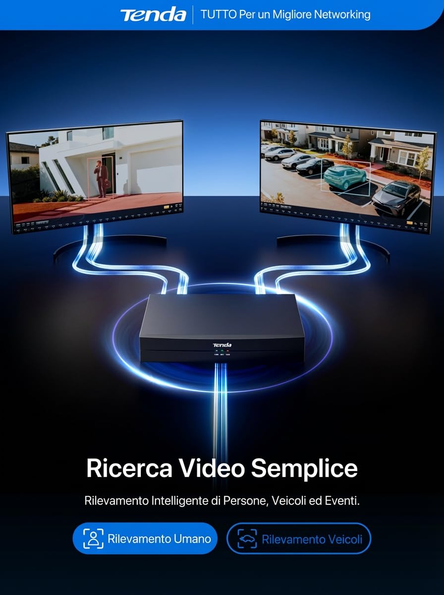 Tenda TN3108-8P NVR Sistema di Sorveglianza 4K, Trasmissione 250m, H.265+, Plug&Play, Supporto HDD fino a 10 TB (non incluso)/Archiviazione Cloud, Protezione Fulmini 4KV, App Controllo Remoto