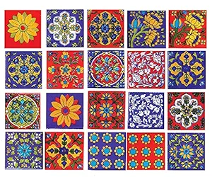 Artook Decor Blue Pottery Home Decorative Ceramic Tiles Backsplash Wall Tiles Mural Panel Kitchen Washroom Mosaic Tiles (2x2-inches Set of 9, Red & Blue)