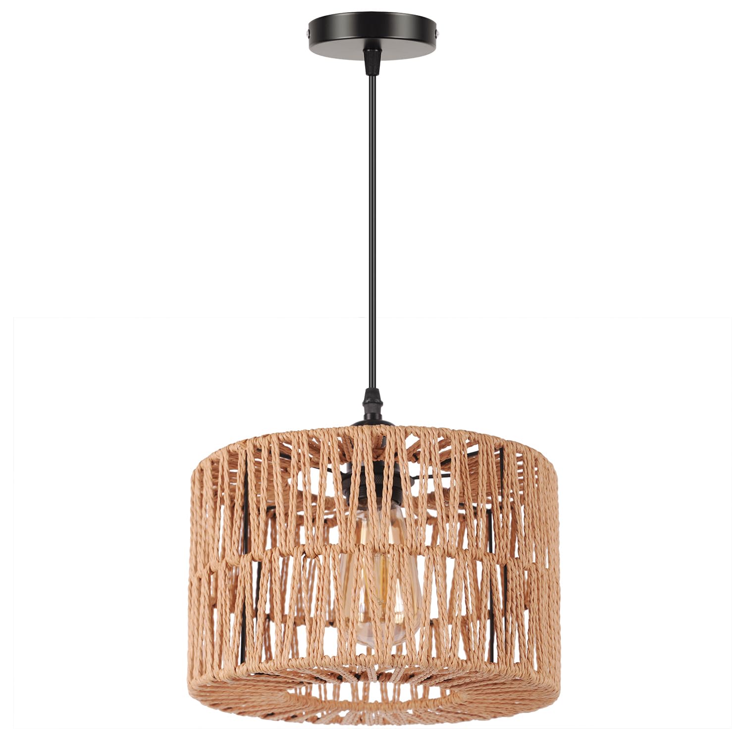 AWEKLIY Lámparas colgantes, Lámpara de ratán vintage, lámpara de techo rústica, pantalla de cesta de ratán, Iluminación colgante E27 para Salón Comedor Pasillo Cocina, Altura regulable, (Ø26 cm)