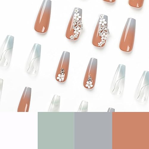 Miniatura 3 de Uñas postizas largas cuadradas a presión, color azul neblina, uñas adhesivas con dije de flores y mariposas y diamantes de imitación, uñas postizas