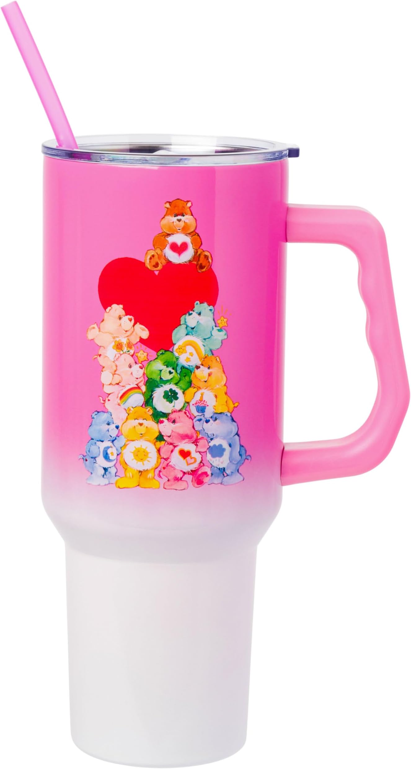 Care Bears Watercolor Heart Ombre Double Walled Stainless Steel Tumbler with Handle and Straw, Fits in Standard Cup Holder, 40 Ounces