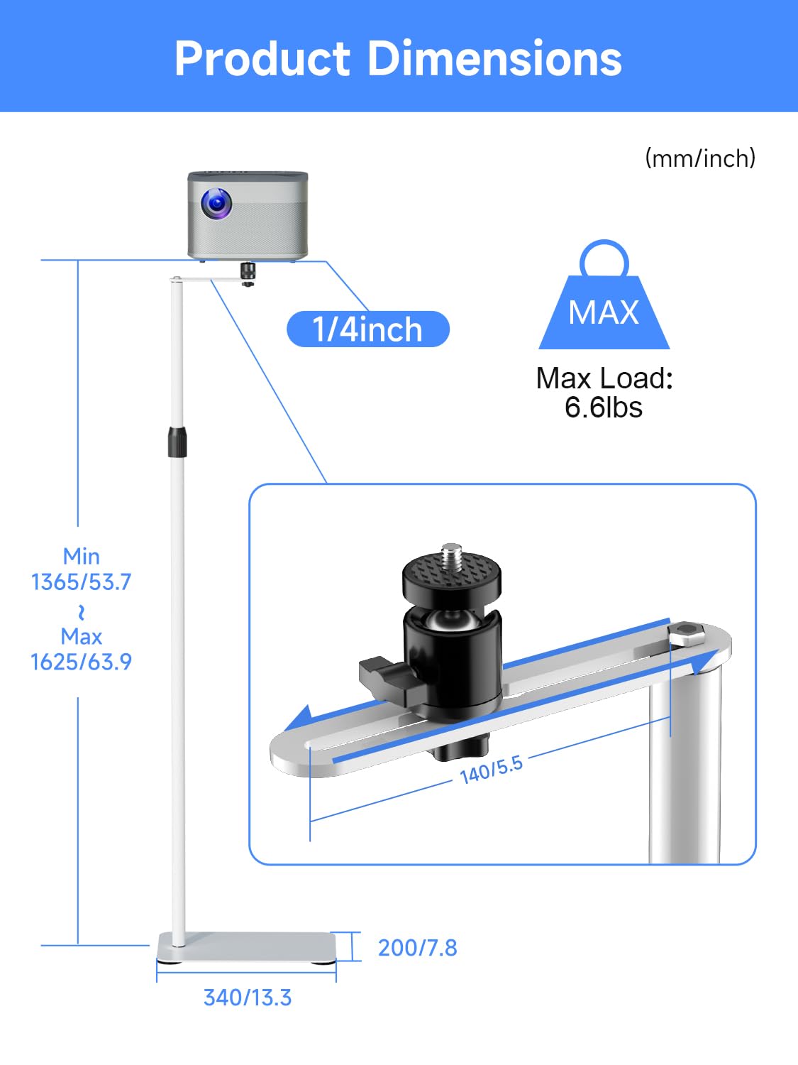 suptek Stojak do projektora obracany o 360°, sofa pod ścianę, ukryty projektor, stojak podłogowy, regulacja wysokości, uchwyt podłogowy mini projektora, kompatybilny z HomeOffice Video DVR, biały
