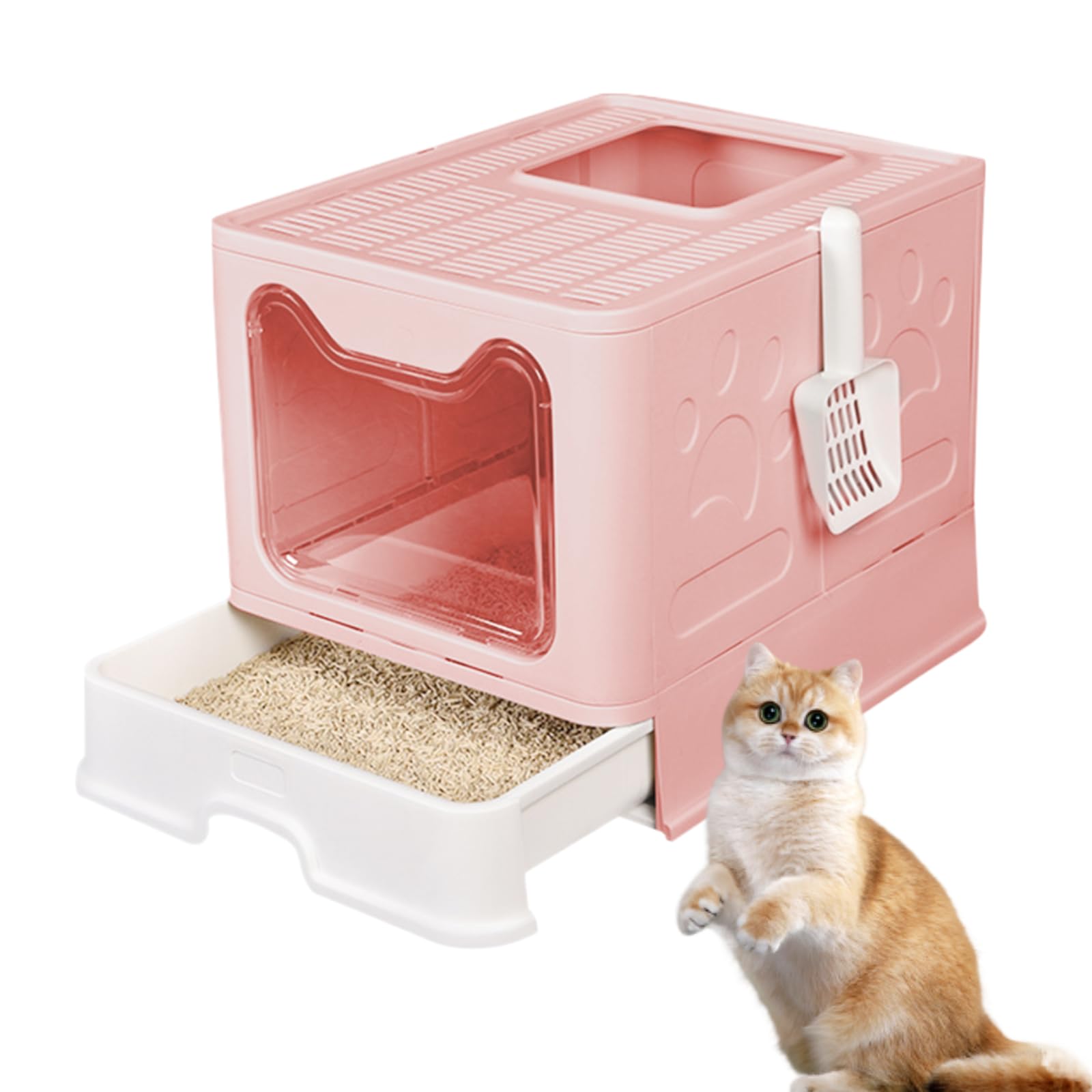 Grande Maison Deles - Lettiera pieghevole con coperchio rimovibile e paletta per gatti di grandi dimensioni (51 x 41 x 38 cm, rosa)