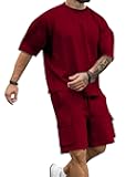 Babioboa Mens Short Sets 2 Piece Outfits Short Sleeve Crewneck Summer T Shirt and Drawstring Casual Track Shorts Set