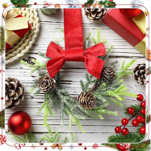Image of Dingion 6 Pcs 6 Inch Christmas Mini Cabinet Wreaths for Kitchen with Ribbon Bows Norfolk Pine Small Window Wreaths Garland for Door Window Farmhouse Christmas Party Decorations