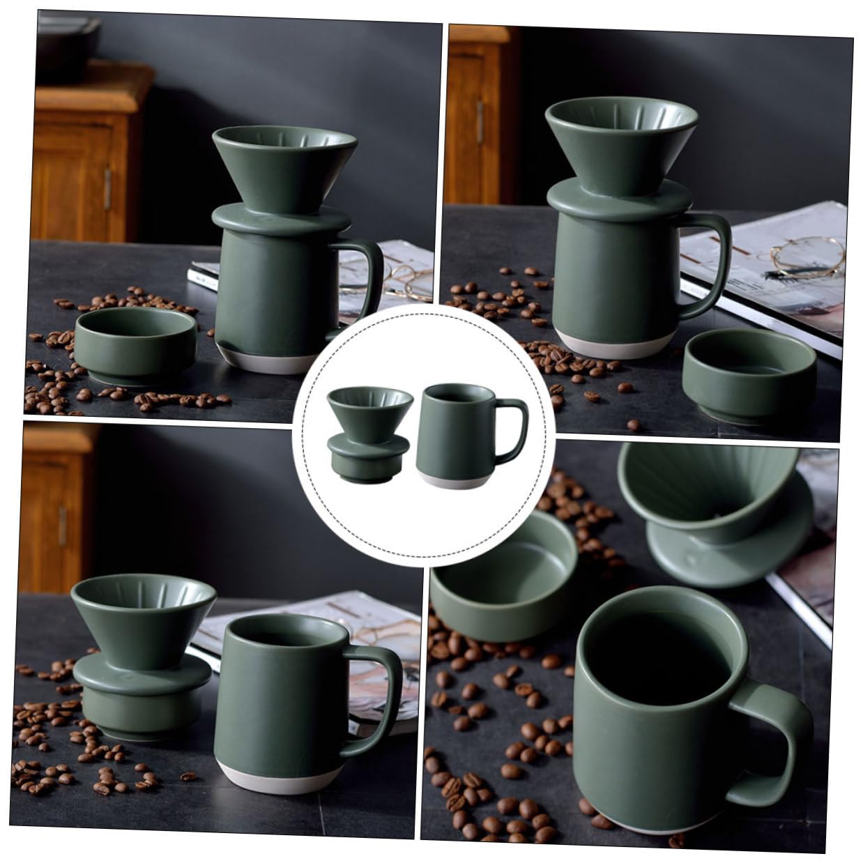 KOMBIUDA Tragbarer Keramik Kaffeefilterbecher mit Henkel und Feiner Filterfunktion Grüner Heimfilterbecher mit Einfachem Design für Zuhause
