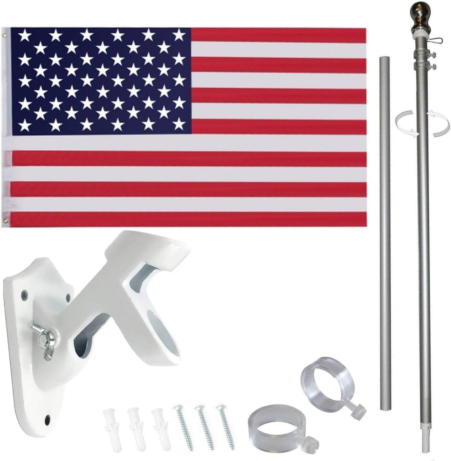 6 Feet Tangle Free Spinning Flag Pole Kit with American Flag (3x5) - Outdoor Flag | Embroidered Stars - Includes Flagpole Bracket - Rust Free (White)