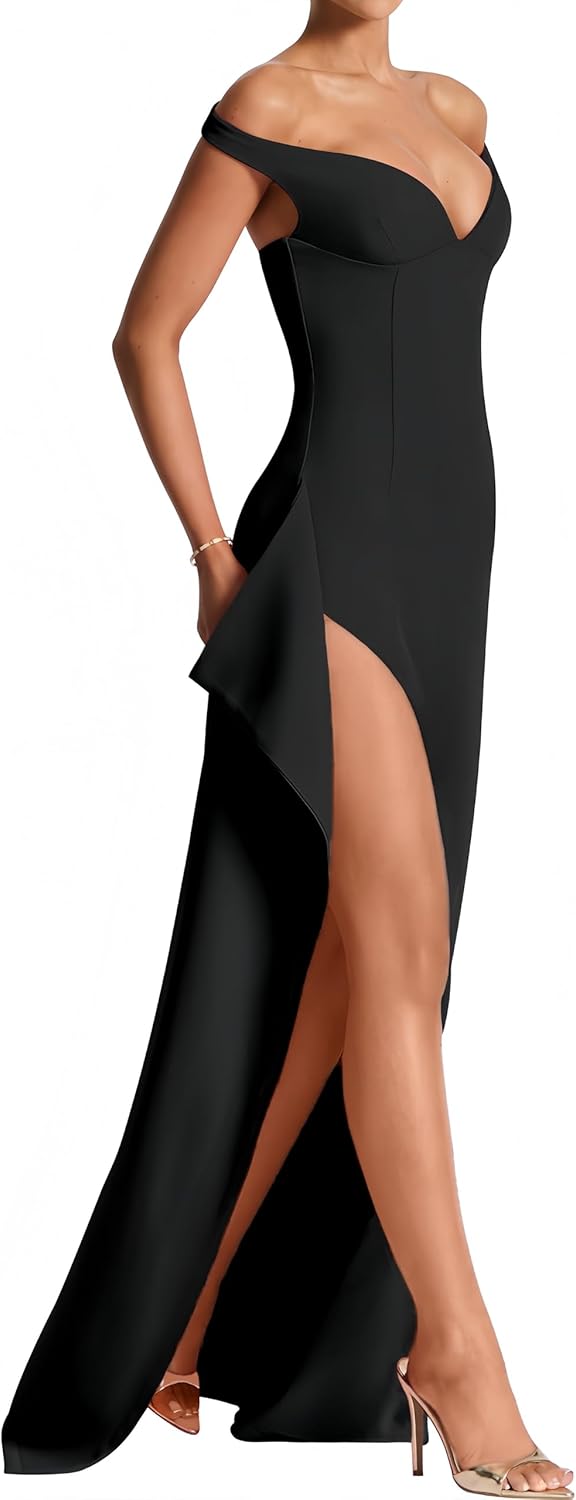 Azhong Women's Summer Sexy Off Shoulder V Neck Maxi Dress High Slit Corset Party Prom Evening Gown - Image 4