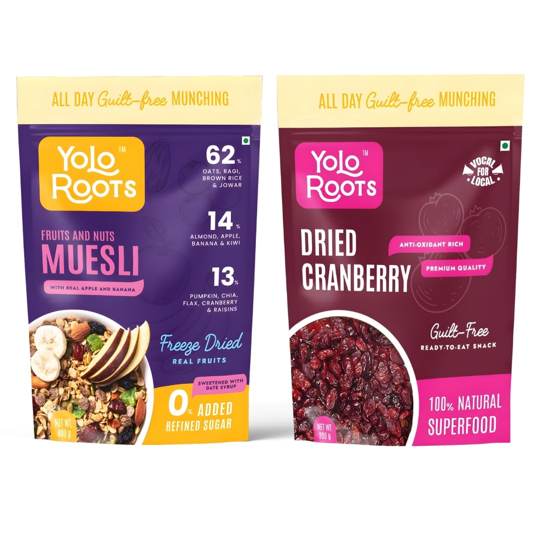 Yolo Roots Fruits & Nuts Muesli 400g & Dried Cranberries 200g Combo, No Added Sugar, High Fiber Breakfast Cereal & Antioxidant Rich Berry Snack, Healthy Food with Oats, Almonds & Fruits (Pack Of 2)