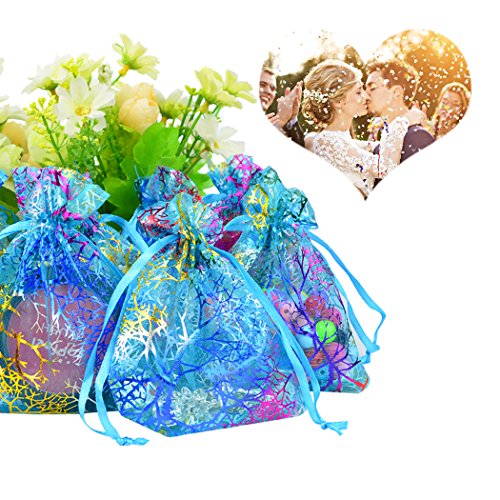 Marrywindix 100Pcs Blue Organza Drawstring Pouches Jewelry Bags, Candy Pouch Chocorate Pouch Party Wedding Favor Gift Bag #TOP2