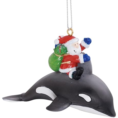 Santa Claus Riding Orca Whale Holiday Xmas Tree Ornaments