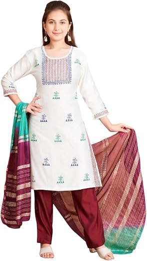 Aarika Girls Ethnic Wear White Colour Floral Print Kurti Pant Set