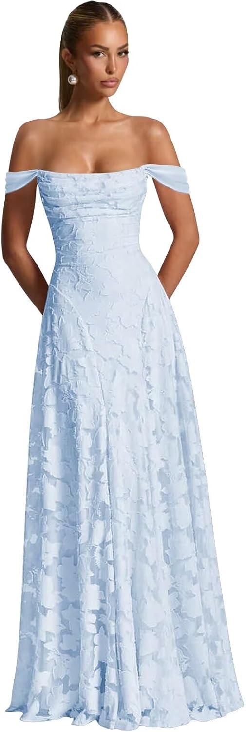 BOLENSYE Off The Shoulder Bridesmaid Dresses Long for Women Formal Evening Gown Lace Wedding Guest Dress - Image 6