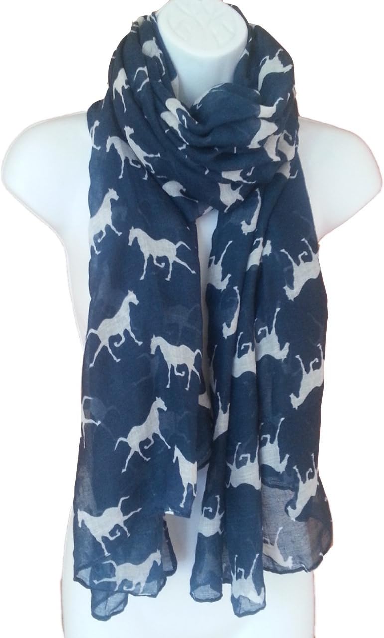 Horse Printed Navy Blue Scarf Ladies X Large Size Animal Fashion Wrap