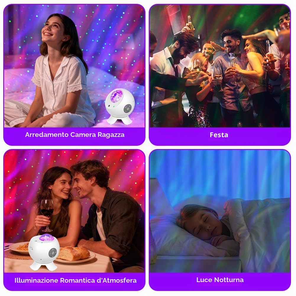Proiettore Luminoso Galaxy, LED Proiettore Cielo Stellato Lampada, 18 Aurora, 8 Rumore Bianco, con Smart App, Timer e Telecomando, Bluetooth Musicale, per Adulti e Bambini, Letto e Soggiorno