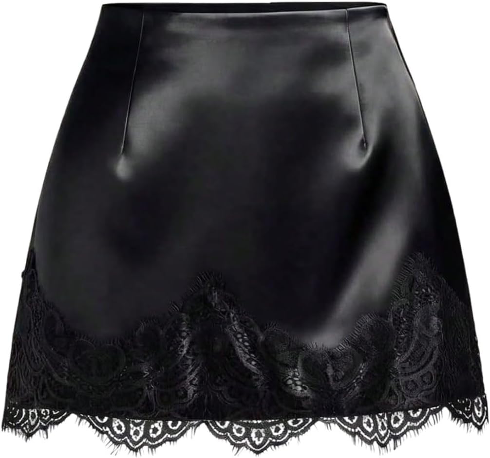 Floerns Women's Elegant Satin Lace Skirt Low Rise Patchwork Going Out Mini Skirt