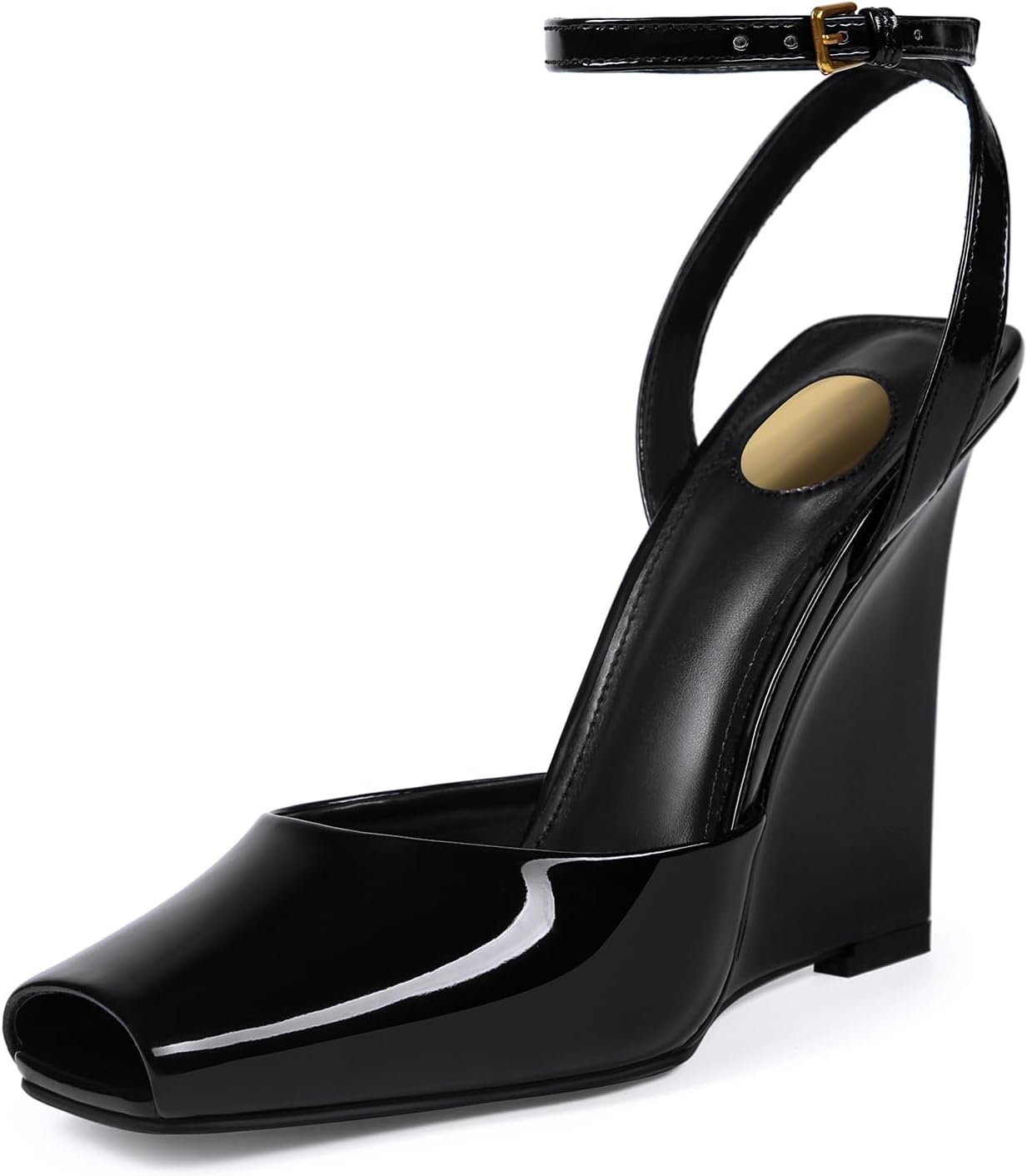 Peep Toe Wedges Sandals for Women Square Open Toe Buckle Ankle Strap Wedge Heels Patent Leather Slip-on Slingback Pumps Sexy Dressy Summer Shoes(Black,8.5) - Image 6