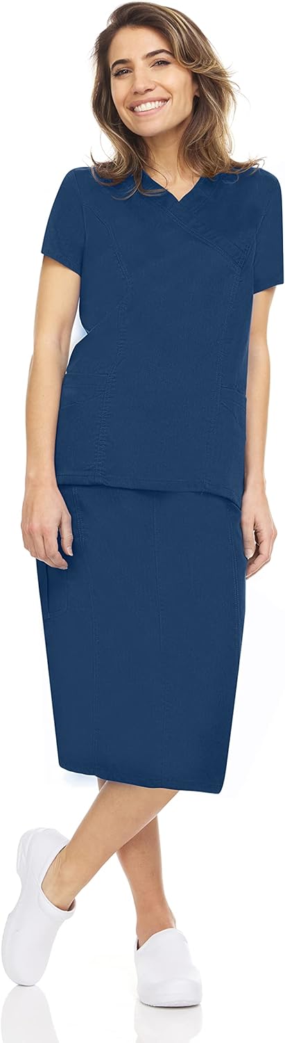 MediChic Women's Stretch V-Neck Scrubs Set with 5-Pocket Knitwaist Skirt