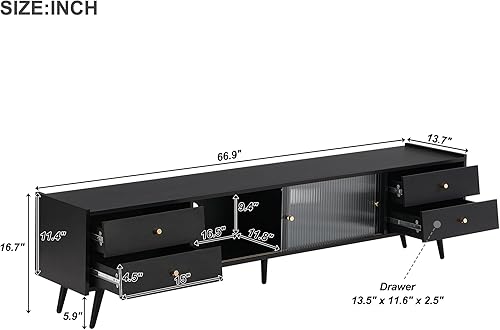 Miniatura 2 de Linique Soporte de TV contemporáneo con puertas corredizas de vidrio estriado, cajones inclinados, consola multimedia para televisores de hasta 70