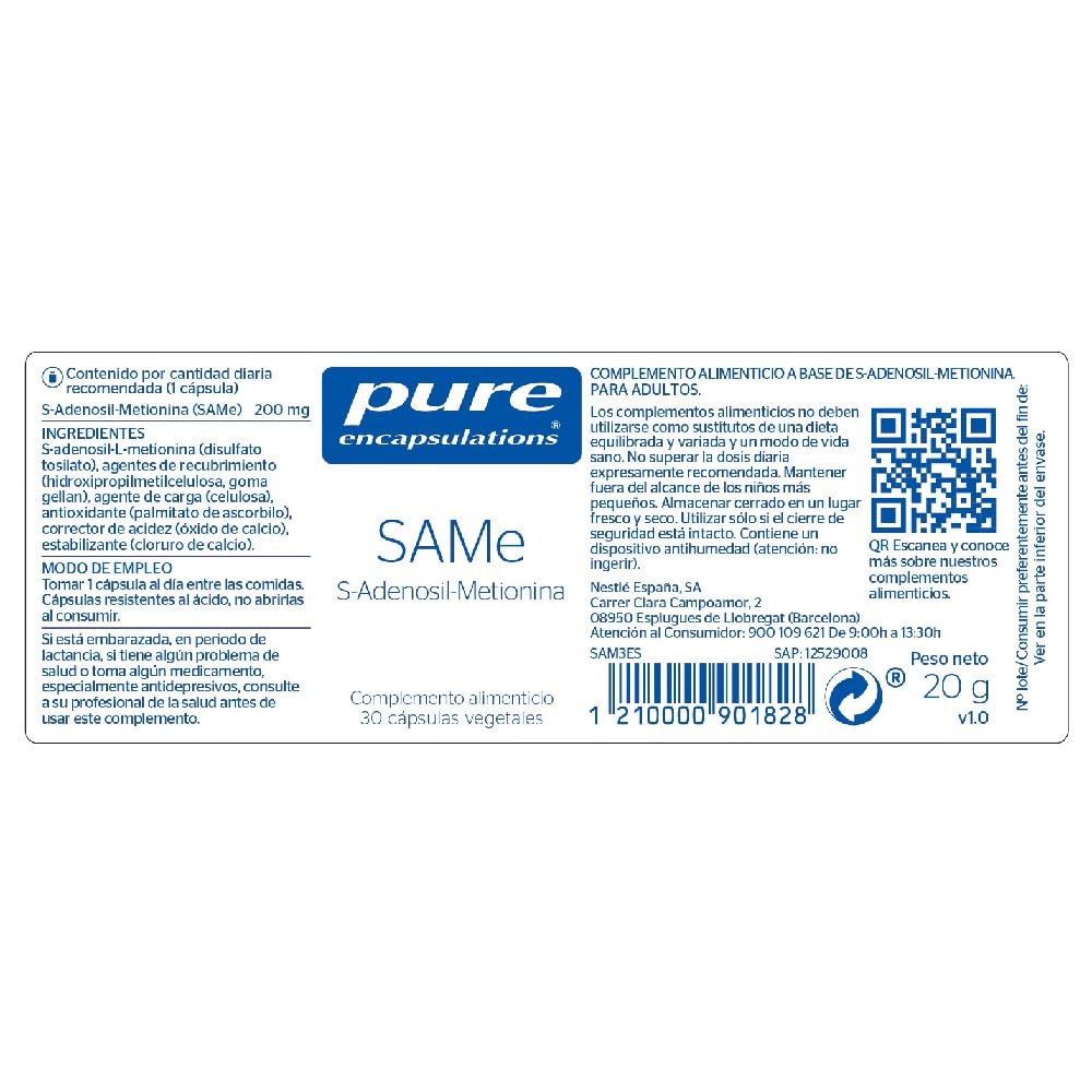 Pure Encapsulations SAMe (S-Adenosilmetionina) | 30 Cápsulas Vegetales | Compuesto natural presente en todas las células · Interviene en el metabolismo