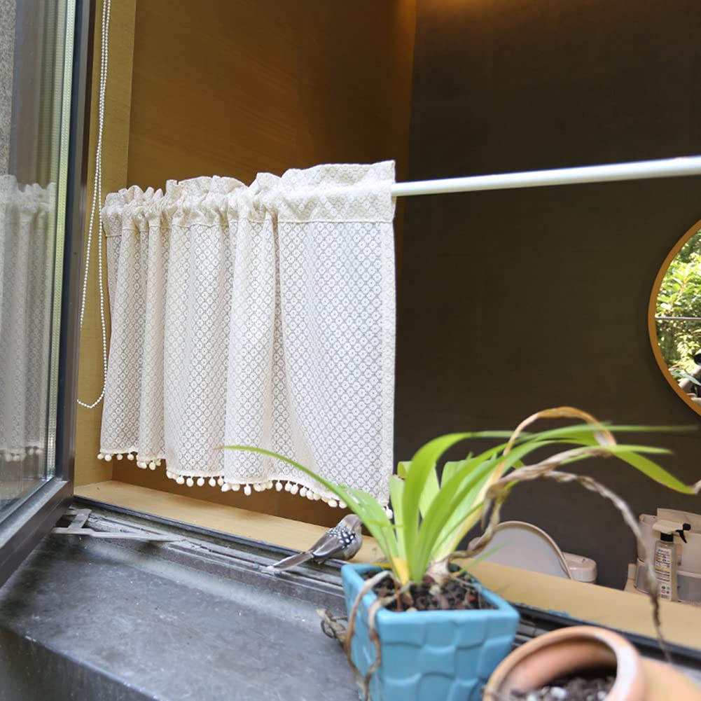 ORICALCHASM Short Curtains, Kitchen Window Curtain Valance with Hair Ball Tassels, Rod Pocket Short Curtains, Tulle Half Curtains,1 Piece(WxH 130x160cm/51x63inch)