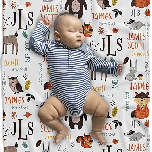 Honestchi Personalized Woodland Baby Blankets - Customized Baby Blanket with Name for Boys - Custom Baby Blankets for Baby Shower - Soft, Lightweight & Giftable (Woodland RN) (AAA)