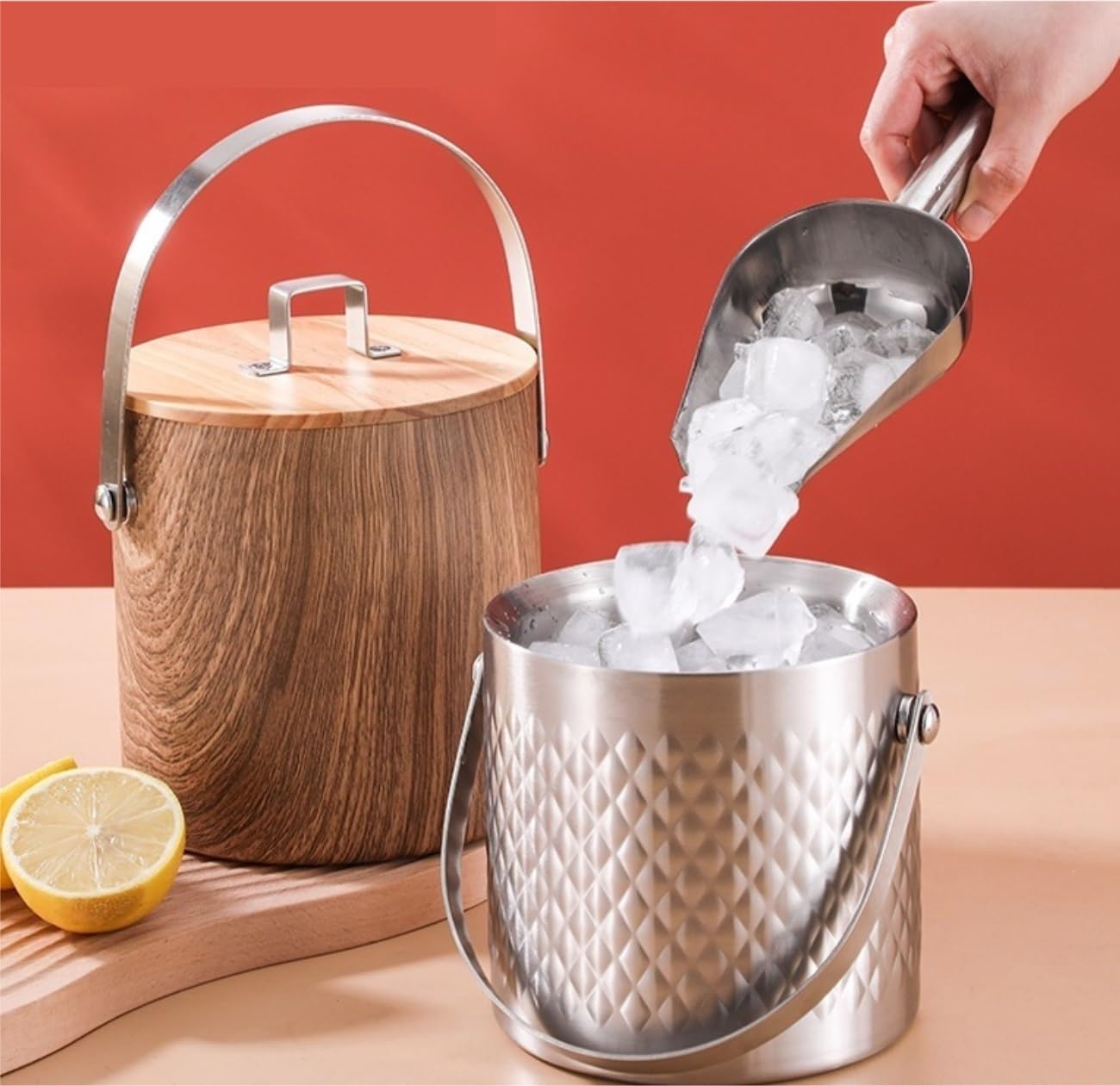 Cubitera Cubo De Hielo con Pinza For Tapa, Acero Inoxidable, For Bebidas, Ideal For Eventos Al Aire Libre Bar Accessories(Bruin,18X18CM)