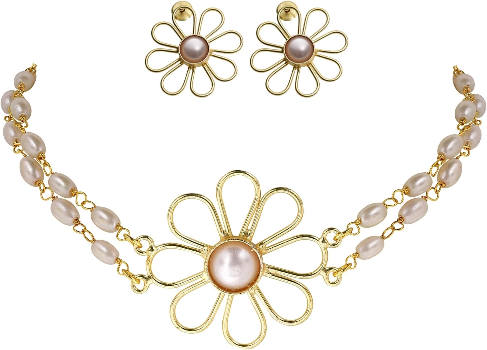JiaaraHandcrafted Brass Floral Choker Set for Women & Girls | Brass Demifine Jewellery with Dual Pearl Strings | Stylish Design Set with Earrings