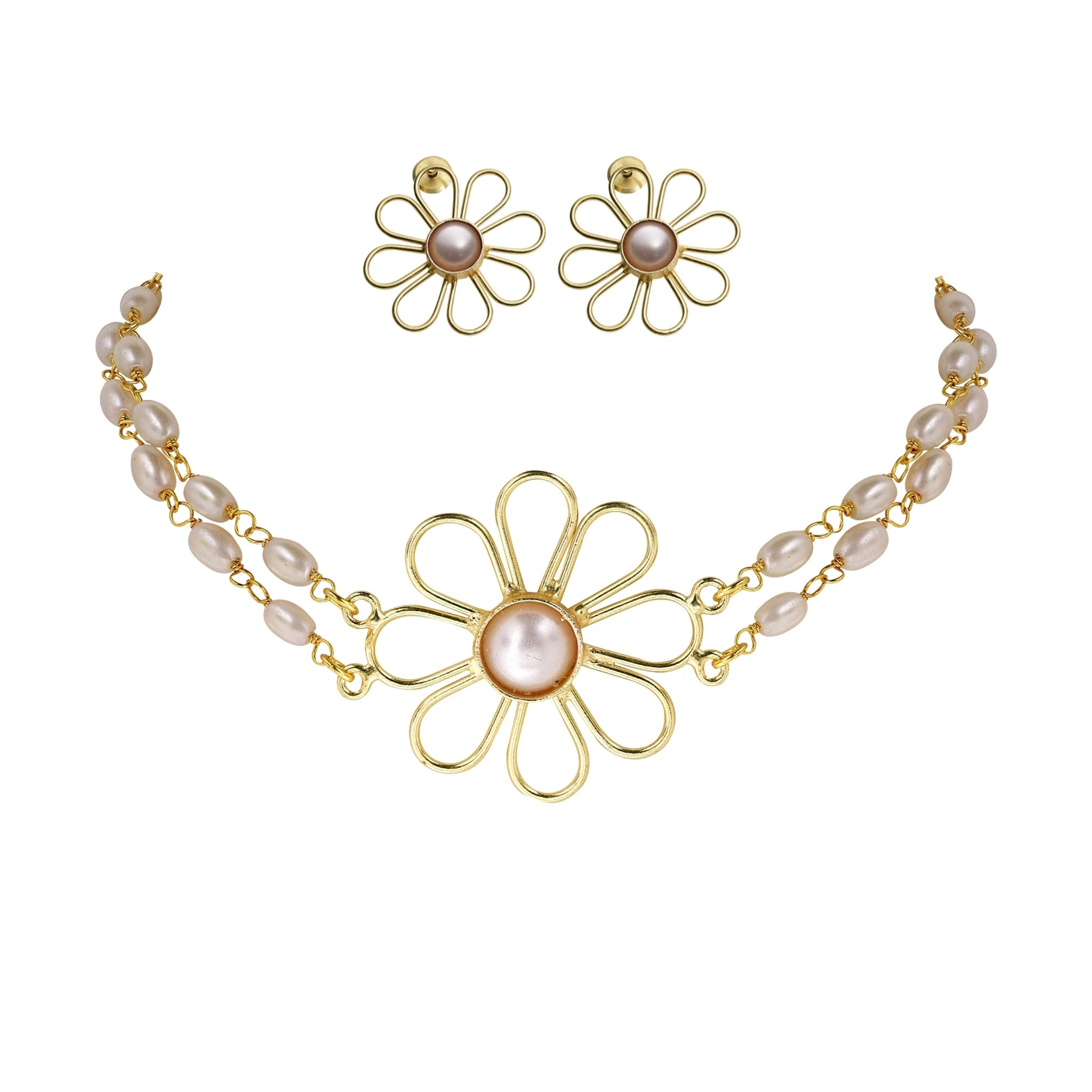 JiaaraHandcrafted Brass Floral Choker Set for Women & Girls | Brass Demifine Jewellery with Dual Pearl Strings | Stylish Design Set with Earrings