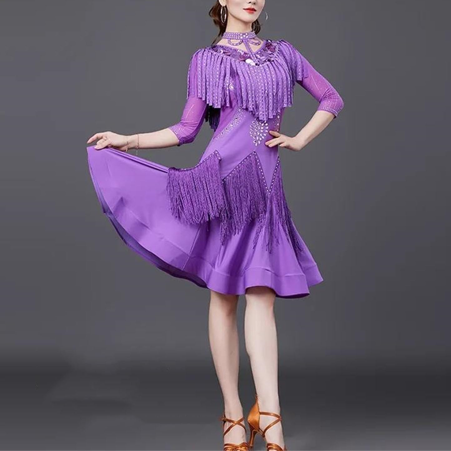 Women Latin Dance Performance Dress Winter Senior Tassel Outfit Adult Competition Stage Dance Wear