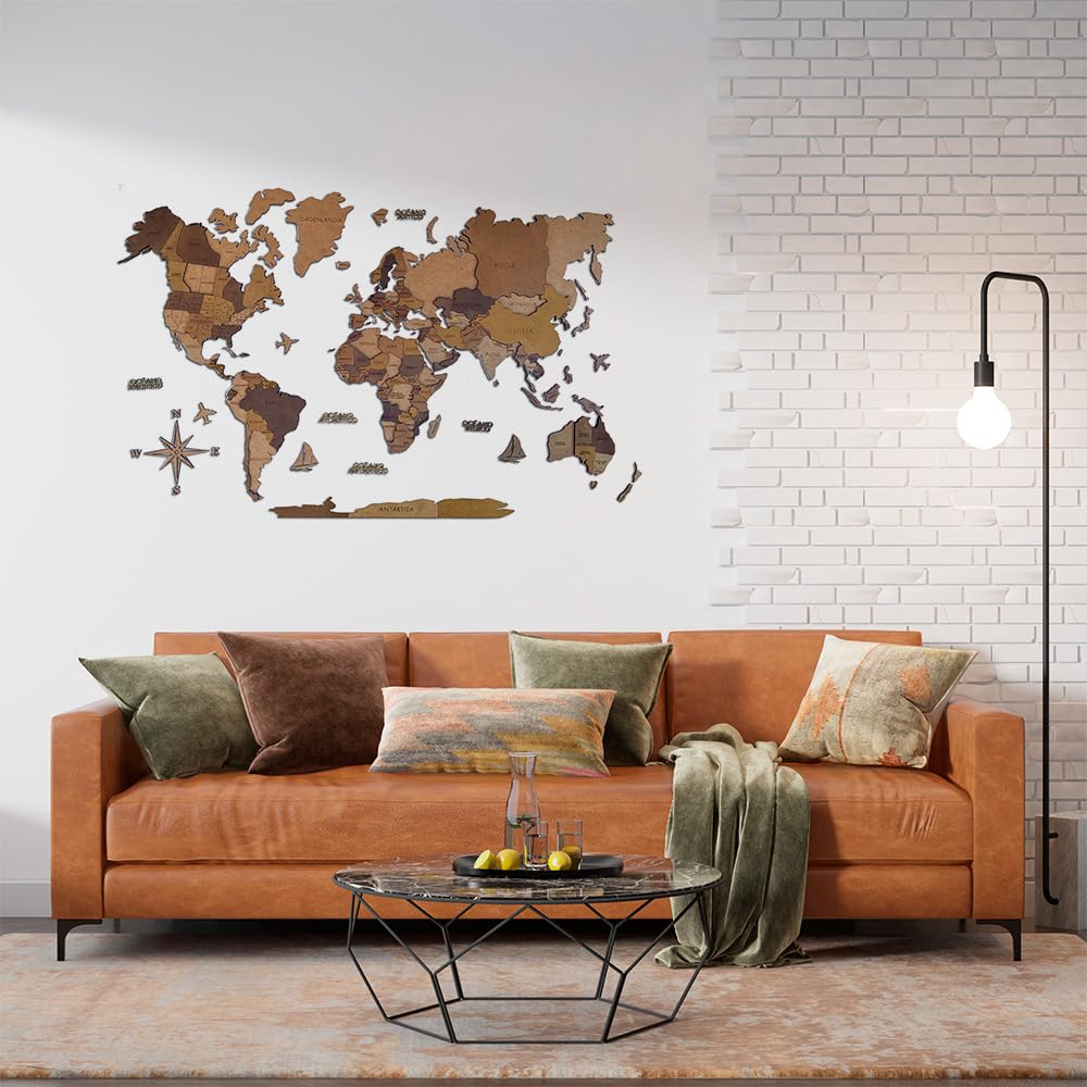 Mapamundi 3D de Madera Multicolor – Decoración de Pared – Diseño Moderno y Minimalista – Ideal para Salas, Oficinas, Regalos Originales – Idioma paises: CASTELLANO (M: 120 cm ancho x 70 cm alto)