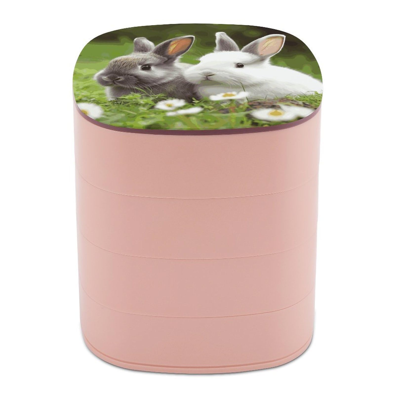 VstaDank Two Little Cute Rabbits Jewelry Box with Mirror Travel Small Jewelry Case for Women 4-Layer Rotatable Jewelry Organizer Storage Box Portable Jewelry Storage Case for Rings Earrings