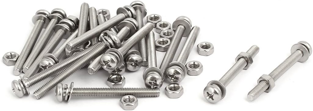 Sourcingmap M4x40mm 304 Stainless Steel Phillips Pan Head Bolt Screw Nut w Washer 20 Sets, Silver