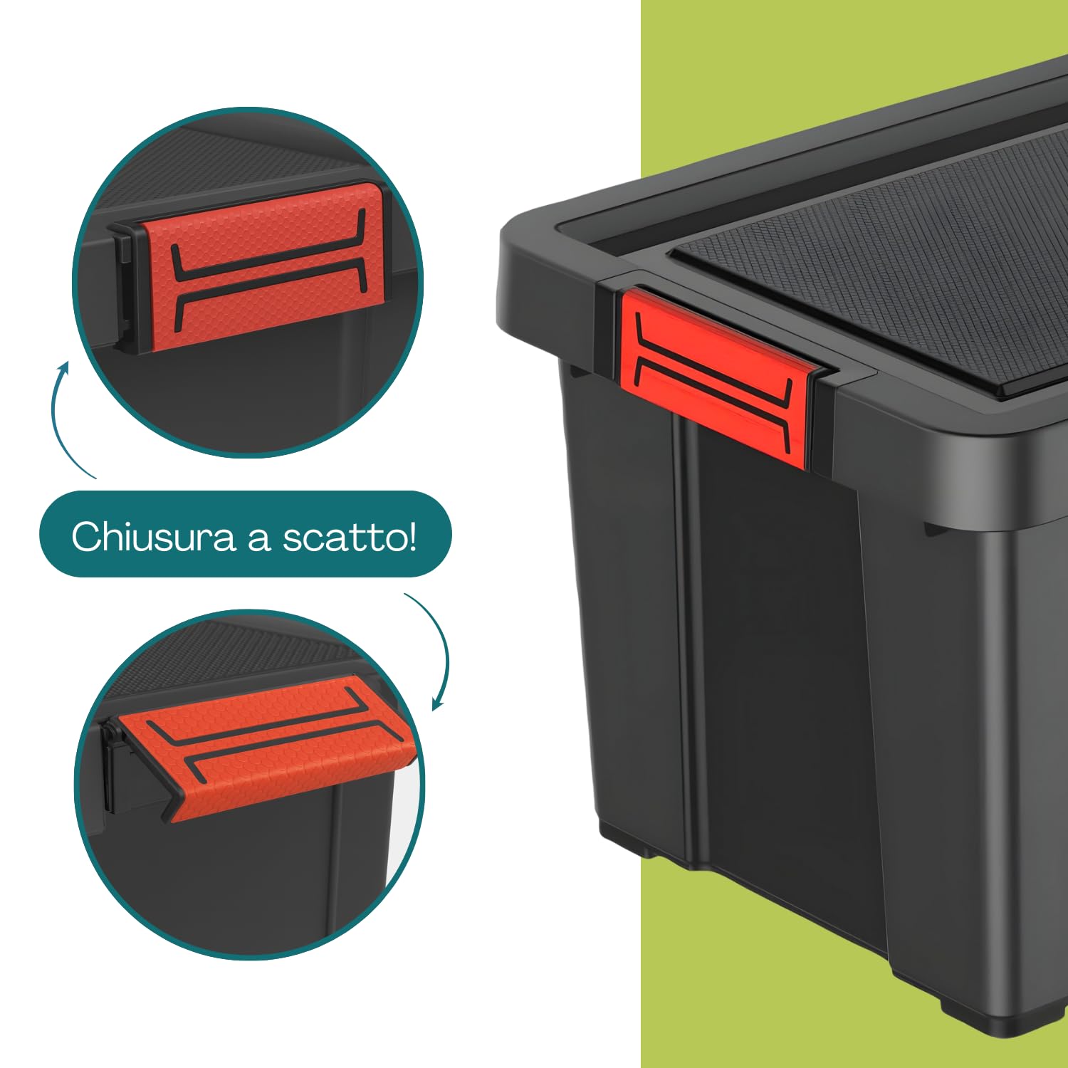 PALUPLUS 3 Contenitori Multiuso Neri da 55 Litri, misura 56x44x30,5 cm, Scatola con Coperchio e Chiusura a Scatto Rossa Soft Touch, Box Impilabile per Garage, Fai da Te, Made in Italy -1648C -6,9