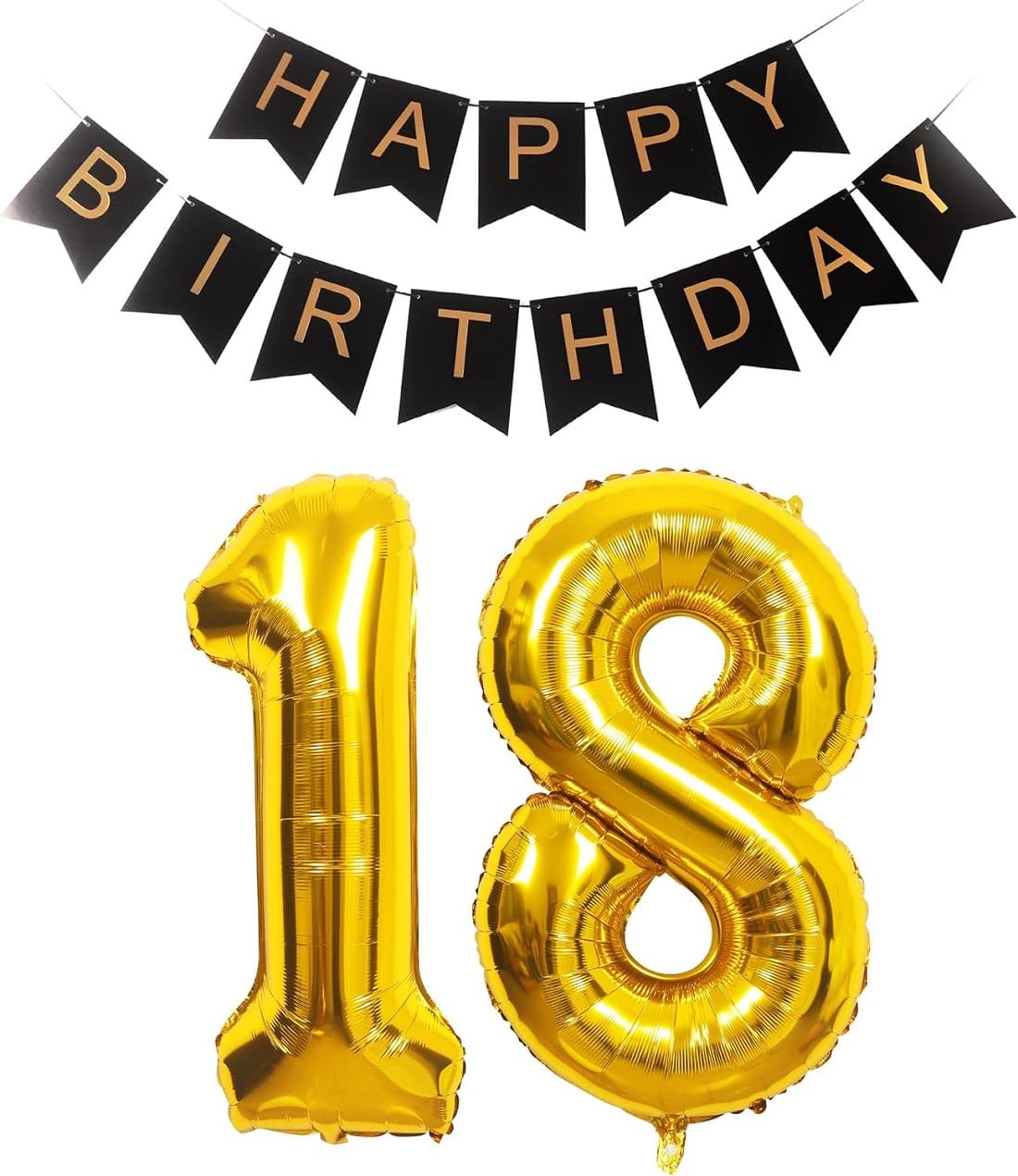 32 inch Giant Gold 18 Number Balloons & Black Happy Birthday Banner, 18th Birthday Decorations with Bunting Banner & 18 Number Foil Balloons Large for Girl Boy Birthday Party (HBD 18)