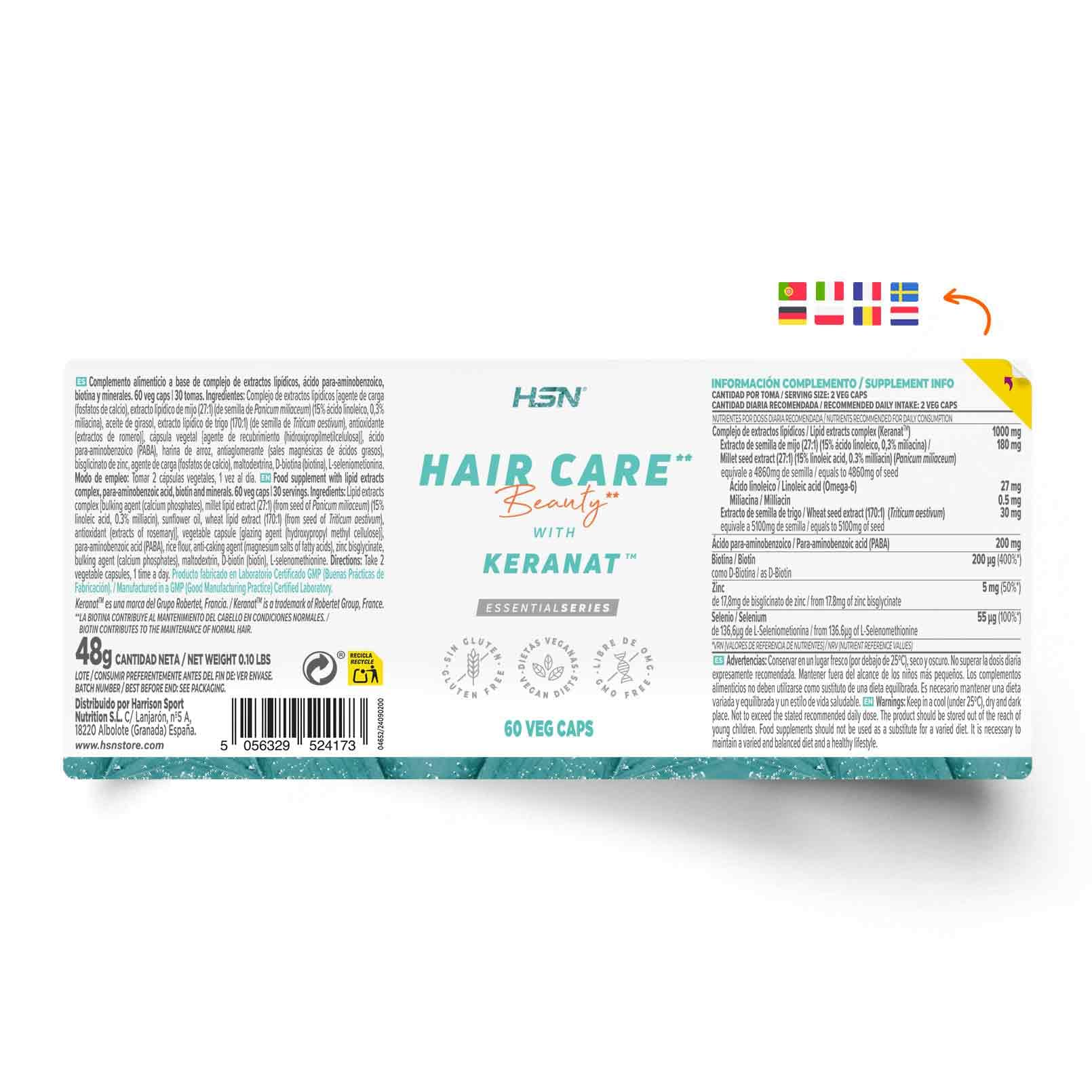 HSN Hair Care Cuidado del Cabello* (con Keranat™) | 60 Cápsulas Vegetales | *La biotina contribuye al mantenimiento del cabello en condiciones normales | No-GMO, Vegano, Sin Gluten