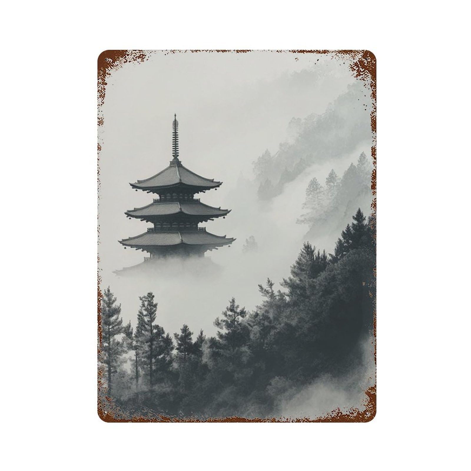 xiaoxiaoshen Japanese Pagoda Minimal Zen Misty Temple Landscape Black White Wall Decor Art Metal Tin Poster Modern Home Decor Art Home Bar Shop Decorations Vintage Sign 40x30cm