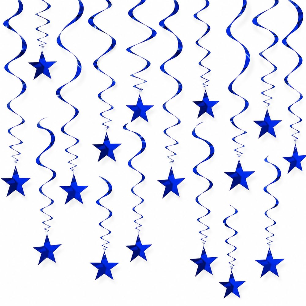 15Pcs Dark Blue Star Hanging Swirls Decorations, Navy Blue Star Streamers for Ceiling Party Decor, Foil Spiral Hanging Garland for Birthday Wedding Galaxy Space Theme Party Supplies