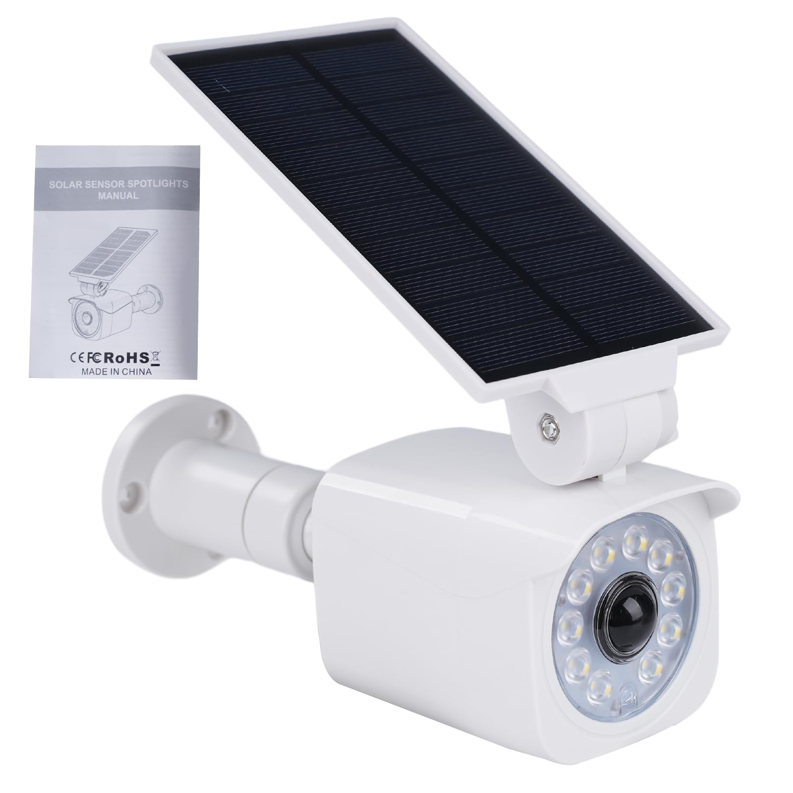 Lampes solaires d'extérieur avec détecteur de mouvement Lampes solaires LED avec caméra factice Caméra de surveillance factice 360° Panneau solaire pivotant à 120° 5V/1.5W 2200mAh IP65 Blanc.