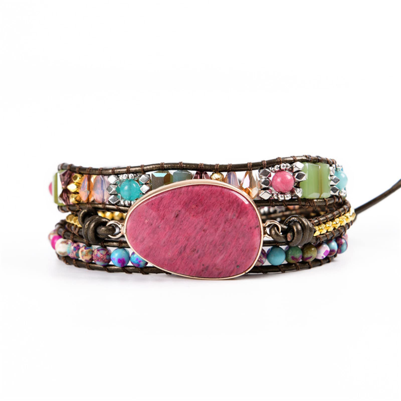 Pulsera de cuero con perlas de piedra natural, pulsera de cristal