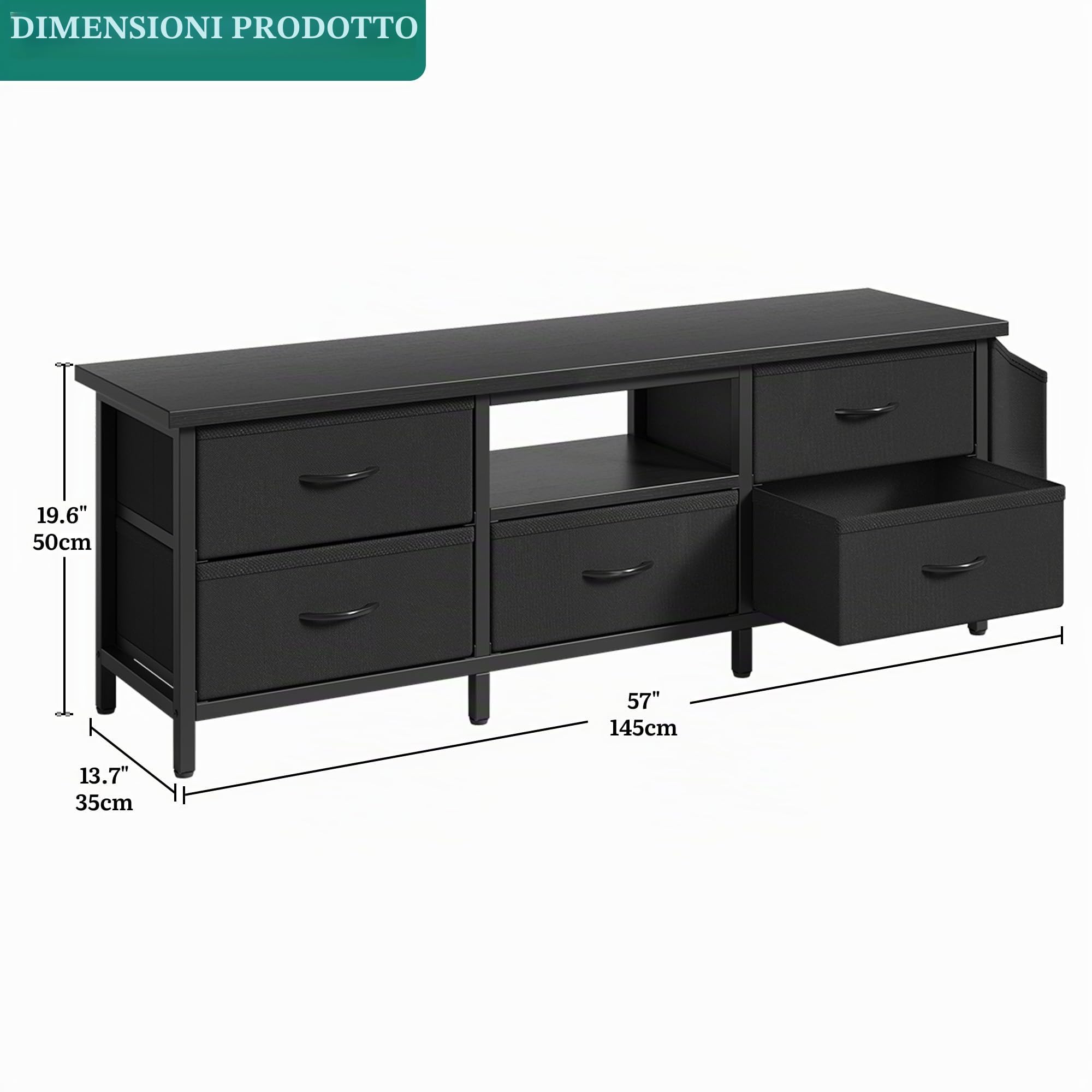 YITAHOME Mobile TV, mobile porta TV per soggiorno, con 5 cassetti pieghevoli e mensole, mobile TV con illuminazione a LED RGB con armadio, 145 x 35 x 50 cm, nero